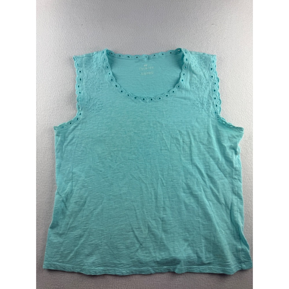 Talbots Womens Turquoise Cotton Eyelet Scalloped Trim Sleeveless Tank Top Large